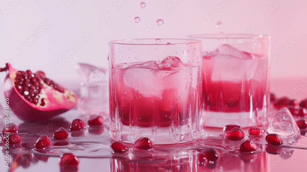 Poster Two glasses filled with pomegranate juice sit on a reflective surface with ice cubes. Pomegranate seeds and a halved fruit surround the glasses as droplets create splashes above, adding freshness.