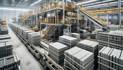 Industrial Warehouse with Stacked Goods and Machinery

