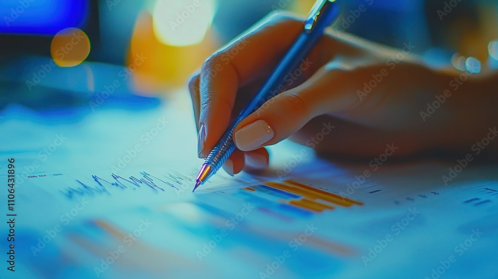 Poster analyzing data: a close-up of hands carefully examining financial charts and graphs