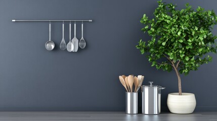 Modern stainless steel kitchen hood shines against dark gray walls, adorned with hanging utensils and a vibrant plant, enhancing elegance and style