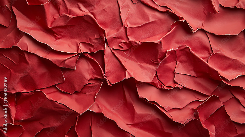 Poster Close up texture of red crumpled or torn old craft paper use as background with blank space for design, Creased recycle red craft paper texture