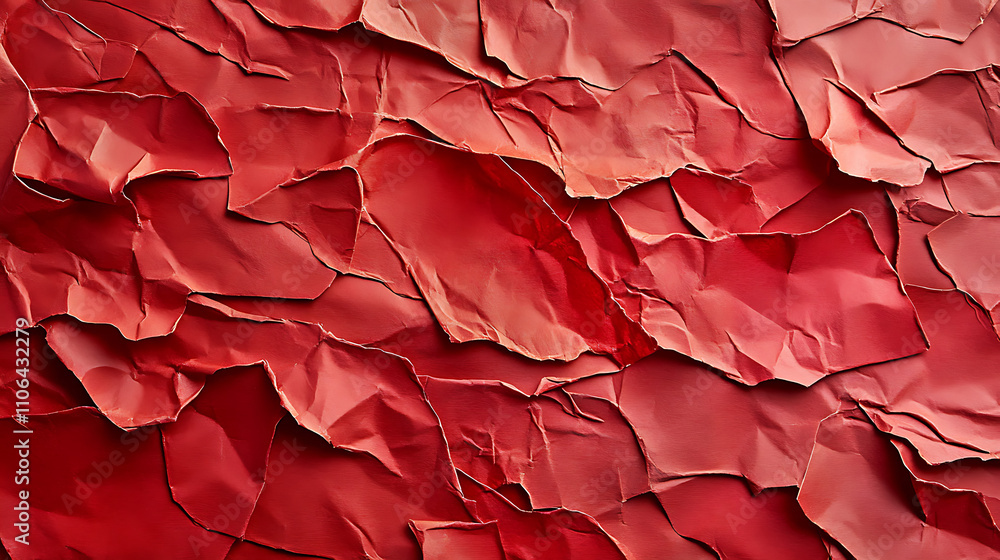 Poster Close up texture of red crumpled or torn old craft paper use as background with blank space for design, Creased recycle red craft paper texture