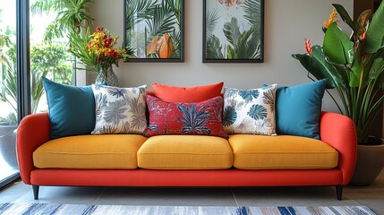 Colorful modern sofa with patterned pillows in a bright living room.