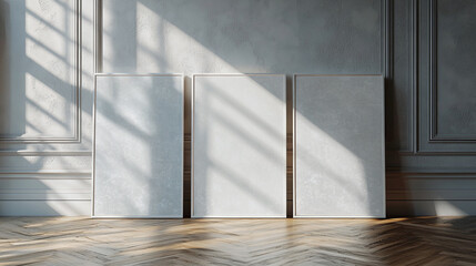 Obraz premium Three vertical white blank wooden framed wall art mockups leaning against the wall in an empty modern room with parquet floor. realistic lighting casting shadows on empty canvas.