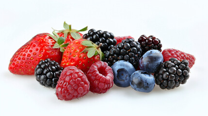 Fresh strawberries, raspberries and blueberries in a simple and natural presentation on a white background