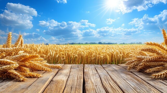 Golden wheat stalks on a rustic wooden table against a bright blue sky with clouds and sun.