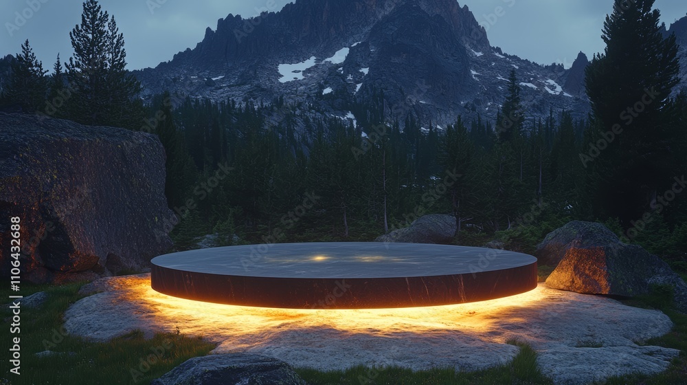 Poster illuminated circular platform with glowing light in front of a mountain range.