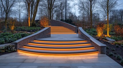Illuminated stone steps leading up to a landscaped garden at dusk.
