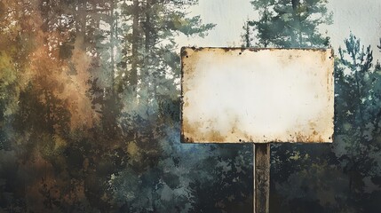 Vintage wooden signpost card with a large empty white sign, rustic forest background, soft watercolor texture
