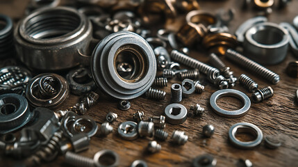 Obraz premium Assorted Metal Ball Bearings and Screws