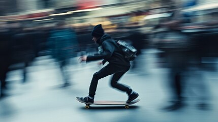 Obraz premium Skateboarder speeding through blurred city crowd.
