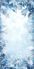 Delicate ice crystal frame with translucent magical borders, sparkling winter landscape, pastel blue and white palette