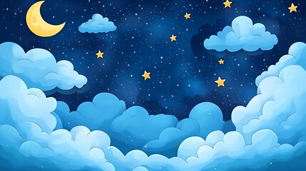 A watercolor background of a night sky with clouds and stars