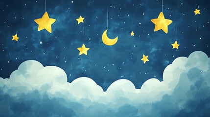 A watercolor background of a night sky with clouds and stars