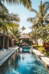 Long pool, tropical landscaping, tranquil resort.