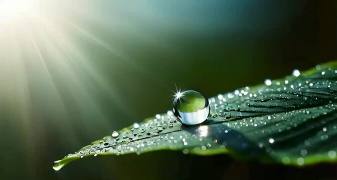 A dewdrop on a leaf shining under the first light of morning