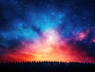 Fototapeta premium A crowd of people marching forward under a sky of glowing stars, epic composition, cosmic lighting