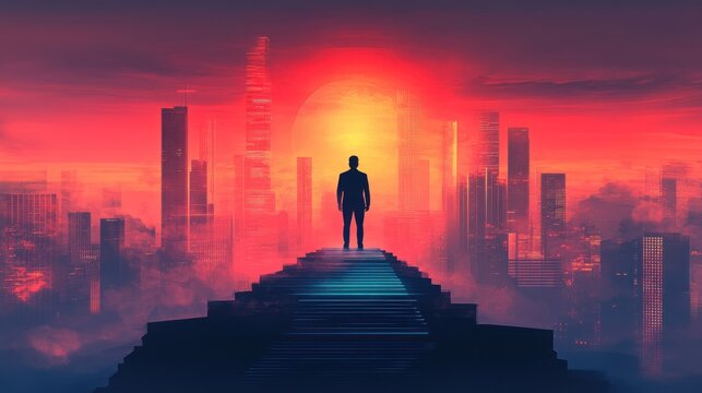 Silhouette of a Man on Steps, Futuristic Cityscape at Sunset