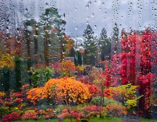 Double exposure of a rain-soaked glass window with a beautiful autumn garden in the foreground