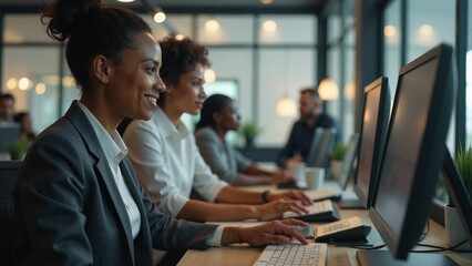 Professionals engaged in collaborative work at a modern office during daytime hours
