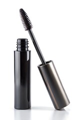 Open Mascara Tube with Thick Black Bristles on White Background