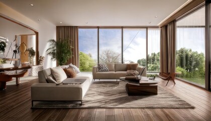 Fototapeta premium Panoramic View of Modern Living Room Interior 3D Rendering