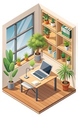 Isometric Home Office Illustration with Laptop, Plants, and Bookshelves