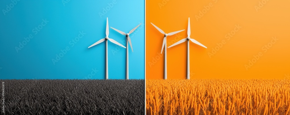 Poster wind turbines in a field with a contrasting split background of blue and orange tones.