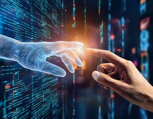 A hand reaching to touch a screen with IT code