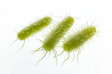 Fototapeta premium Three rod-shaped microbes with flagella, light green.