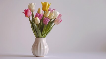 Obraz premium Spring bouquet of tulips in pastel shades, presented in a white vase against a white backdrop.