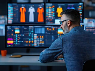 Fototapeta premium A fashion designer creating digital clothing concepts in a modern design studio filled with screens front view symbolizing creativity advanced tone Splitcomplementary color scheme