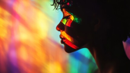 Woman's profile illuminated by colorful light.
