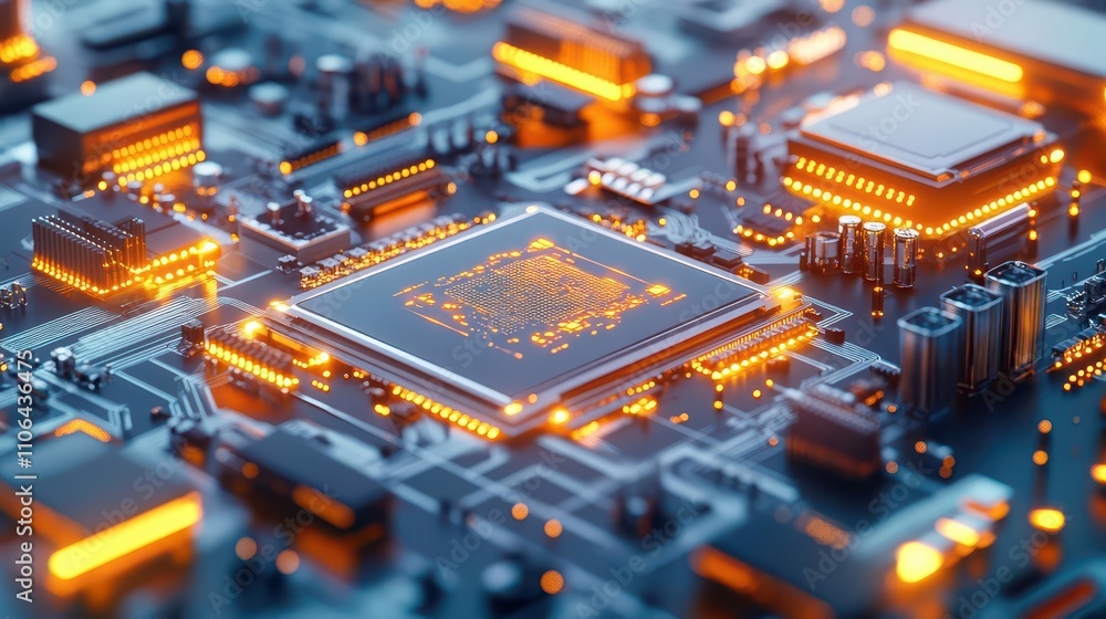 Fototapete a futuristic assembly line for ai hardware with intricate glowing machines working in sync, industri