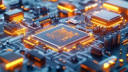 Obraz premium A futuristic assembly line for AI hardware with intricate glowing machines working in sync, Industrial SciFi, Warm Yellow, 3D Illustration