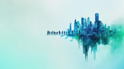 Obraz premium A futuristic cityscape embracing diversity, people of all races, robots, and nature in harmony, soft blue and green watercolor tones