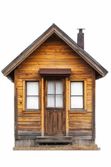 Wooden cabin, weathered exterior, small windows, chimney.