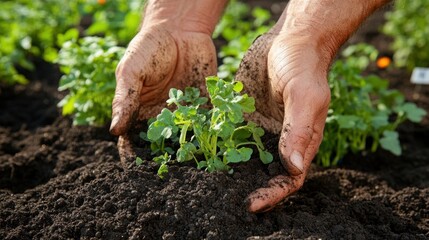Hands Gently Planting Seedlings in Rich Soil, Cultivating New Life in the Garden