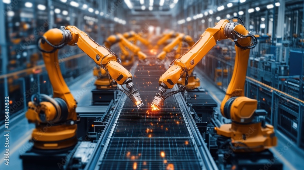 Poster automated manufacturing: robotic assembly line in modern factory