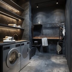Contemporary Dark Modern Home Laundry Room Interior Featuring Sleek Design Elements and Functional, Stylish Layout