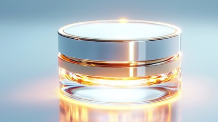 Luxury moisturizer, glass container with metallic lid, glowing ambient light
