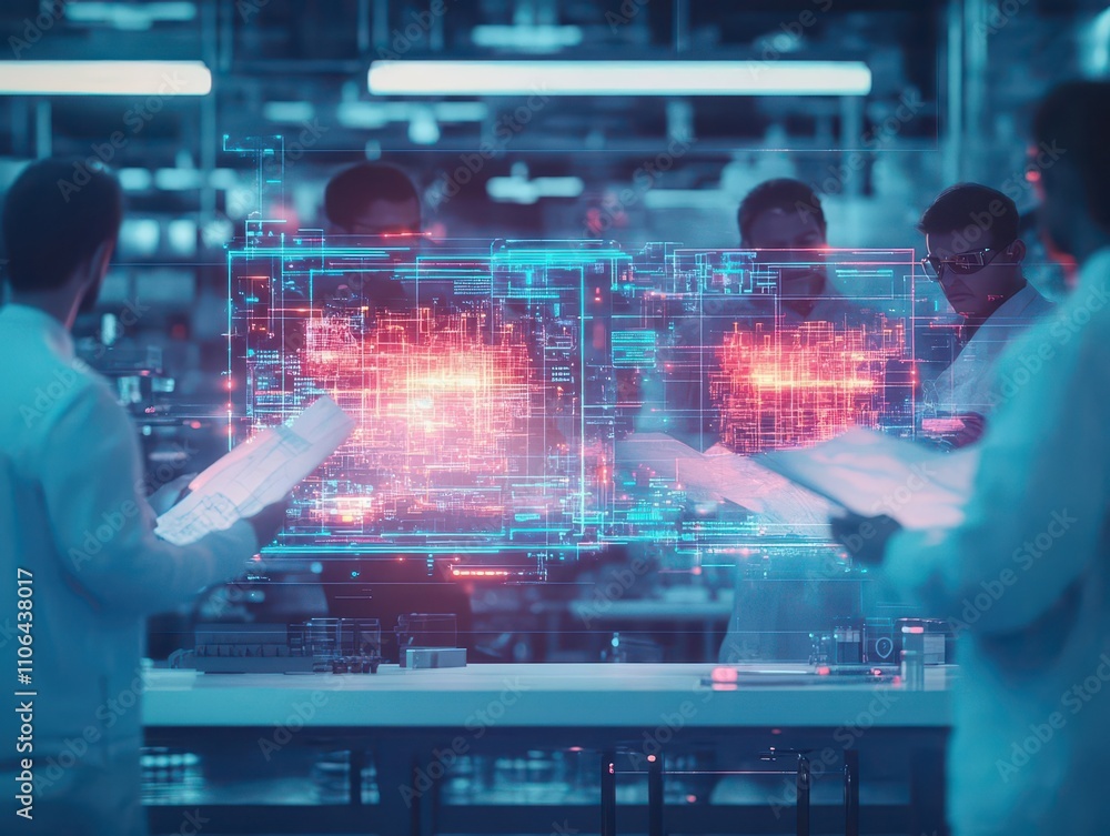 Poster a group of engineers in a cyberpunk lab, holding blueprints glowing with holographic projections, ci