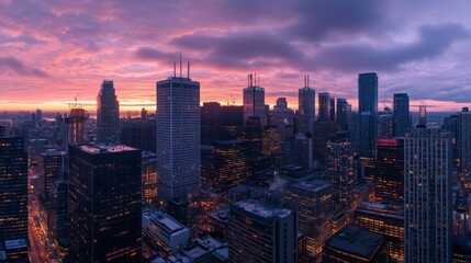 Obraz premium Cityscape at sunset, urban panorama with skyscrapers and colorful clouds.