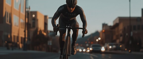 Naklejka premium Cyclist rides road bike through city streets at sunset.