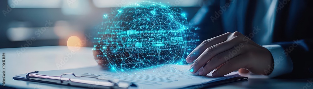 Leinwandbilder A legal professional analyzing digital contracts in an advanced virtual reality environment front view representing precision futuristic tone Complementary Color Scheme
