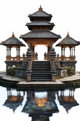 Ornate pavilion, tiered roof, water reflection.