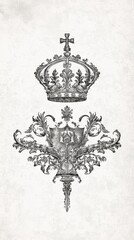 Vintage Hand-Drawn Royal Crest on Aged Paper - Symbolizing Heritage and Authority in Monochrome