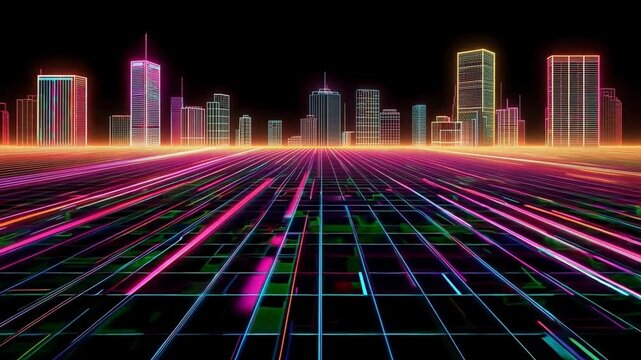 Vibrant futuristic cityscape with neon lights and gridlines at dusk ove black backdrop