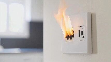 A dramatic image of an electrical outlet on fire, highlighting a serious safety concern in a modern home.