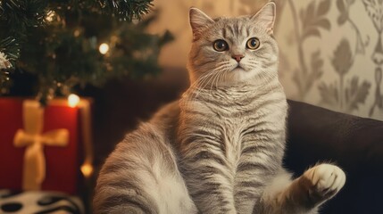 Grey tabby cat sitting on a sofa near Christmas tree and wrapped gift box with golden ribbon.